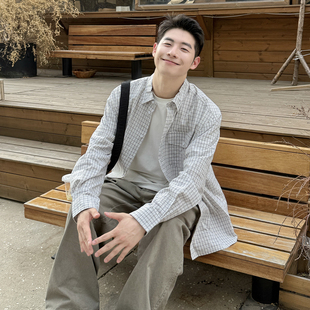 宽松休闲开衫 日系翻领灰白格子长袖 秋季 男生2026新款 上衣外套 衬衫