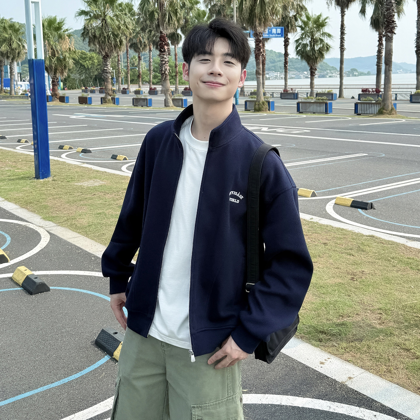 藏青立领华夫格短款工装夹克男生2025新款秋季宽松休闲上衣外套