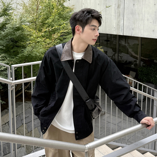 黑色翻领夹克纯棉男生2025新款 日常百搭休闲宽松上衣外套潮牌 秋季