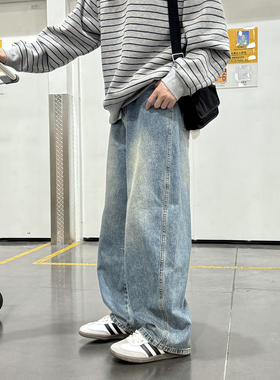 蓝色复古水洗做旧日系弯刀牛仔裤男生2025新款秋季宽松阔腿休闲裤