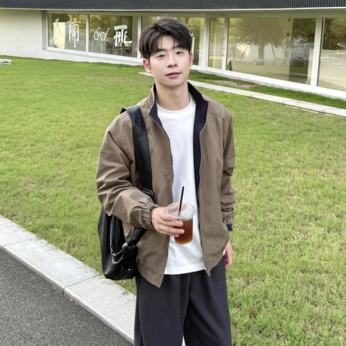 卡其藏青两面穿立领夹克外套男生2026新款秋季宽松休闲纯色上衣