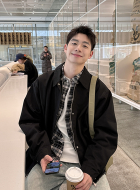 黑色翻领夹克工装男2025新款春秋季纯色外套上衣百搭宽松简约休闲