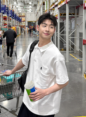 320g白色POLO衫短袖2025新款夏季男生宽松百搭休闲T恤上衣口袋