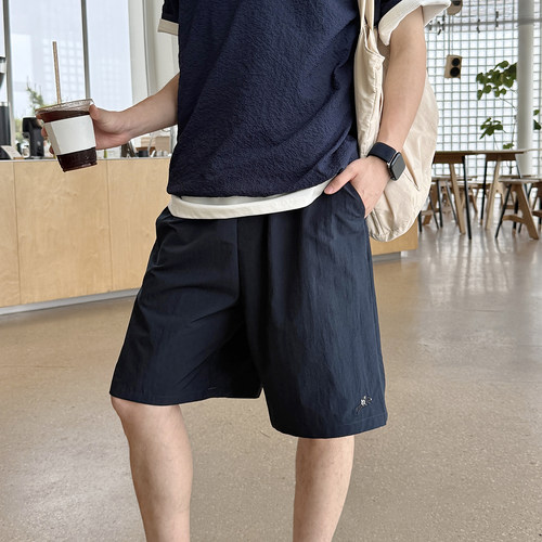 轻薄透气速干户外运动五分裤男款夏季藏青色宽松复古休闲刺绣短裤