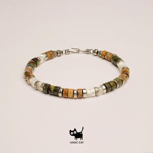 Logic 925纯银天然石潮流小众设计手工6mm图画石直切男女手串 Cat