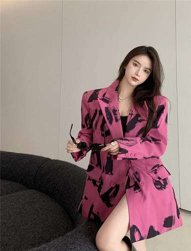 Real shooting of sexy printed suit coat in early autumn retro Hong Kong Style versatile suit top female