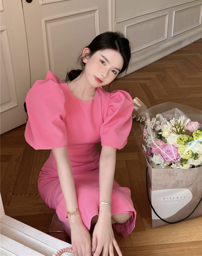 Real shooting summer Sexy Pink backless big bow dress bubble sleeve Hip Wrap long skirt female