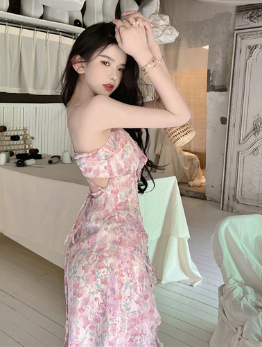 Real shooting summer sexy V-neck floral split suspender backless dress flounced chiffon dress children