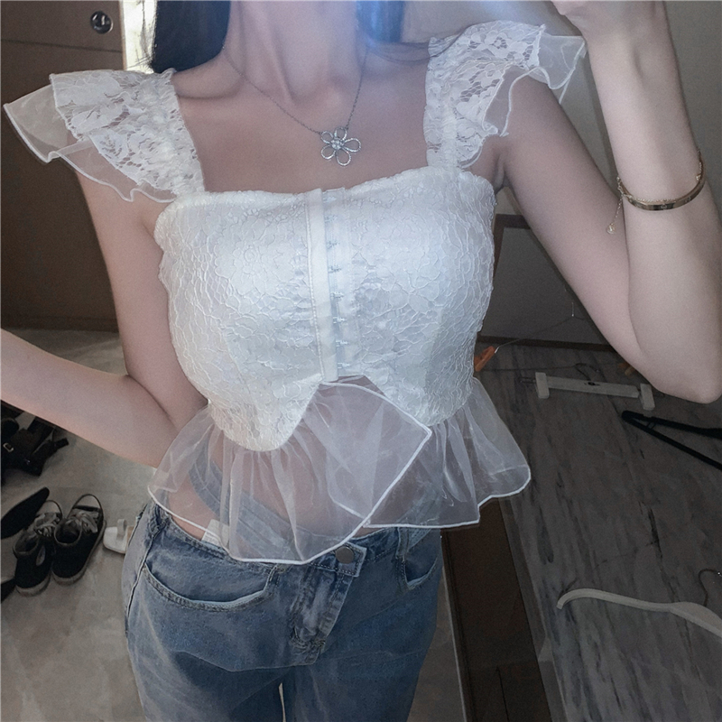 Real shot retro LACE SHORT SLEEVE women's new flying sleeve with one neck sexy clavicle top