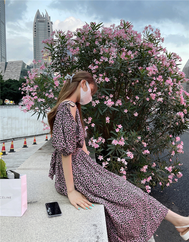 Real shot retro off shoulder Lantern Sleeve Floral Chiffon waist slim dress long skirt girl