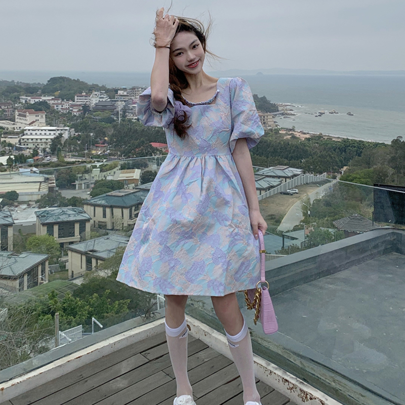 Real shot loose and sweet girl jacquard pompous skirt small bubble sleeve square collar dress girl