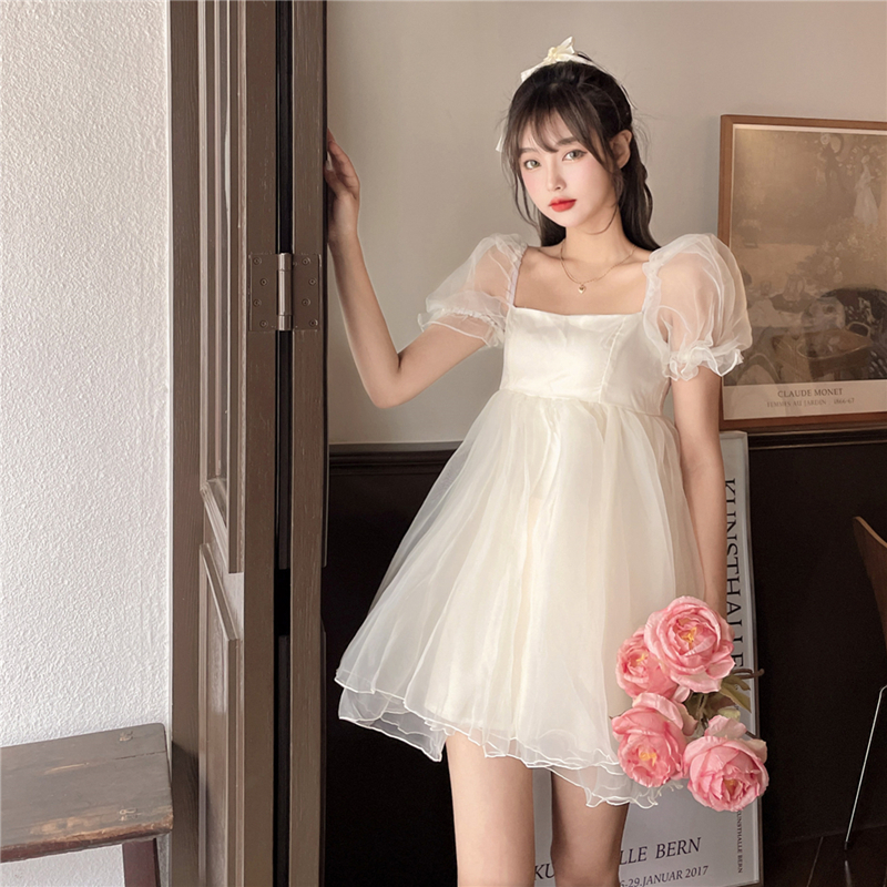 Real shot French gathered waist Organza pengpeng Princess Dress