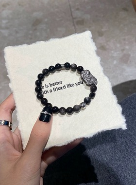 天然黑曜石银曜石貔貅手链招财转运珠水晶手串送男友礼物希洛阁