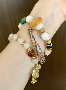 白玉炭烧猫爪手串手链猫咪跑环吊坠款森系女款念珠饰品希洛