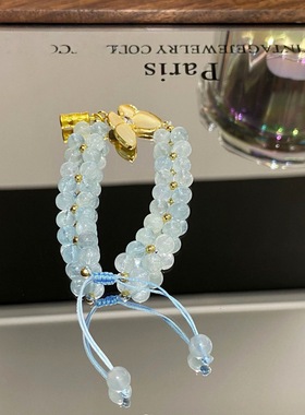 天然海蓝宝手链女款多圈佛珠念珠水晶饰品礼物蓝色水晶手串希洛