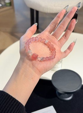 天然草莓晶黑曜石粉水晶手串手链女款饰品送女友闺蜜礼物希洛阁