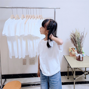 儿童纯白色t恤男童女童短袖纯棉手工扎染用DIY手绘画画涂鸦亲子装
