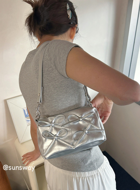 sunsway银色蝴蝶结小方包单肩链条腋下手提包ins韩风女可拆卸时尚