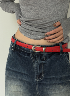 SUNSWAY二层牛皮镀银扣细窄款银尾真皮皮带简约百搭our风配饰腰带