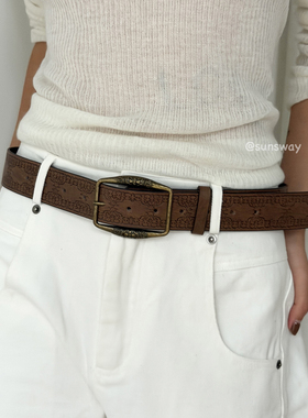 sunsway古铜印花复古做旧皮带民族风小众设计休闲百搭配饰腰带