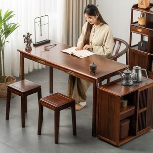 新中式实木茶桌阳台泡茶茶台乌金木茶桌书桌一体两用茶柜电器套装