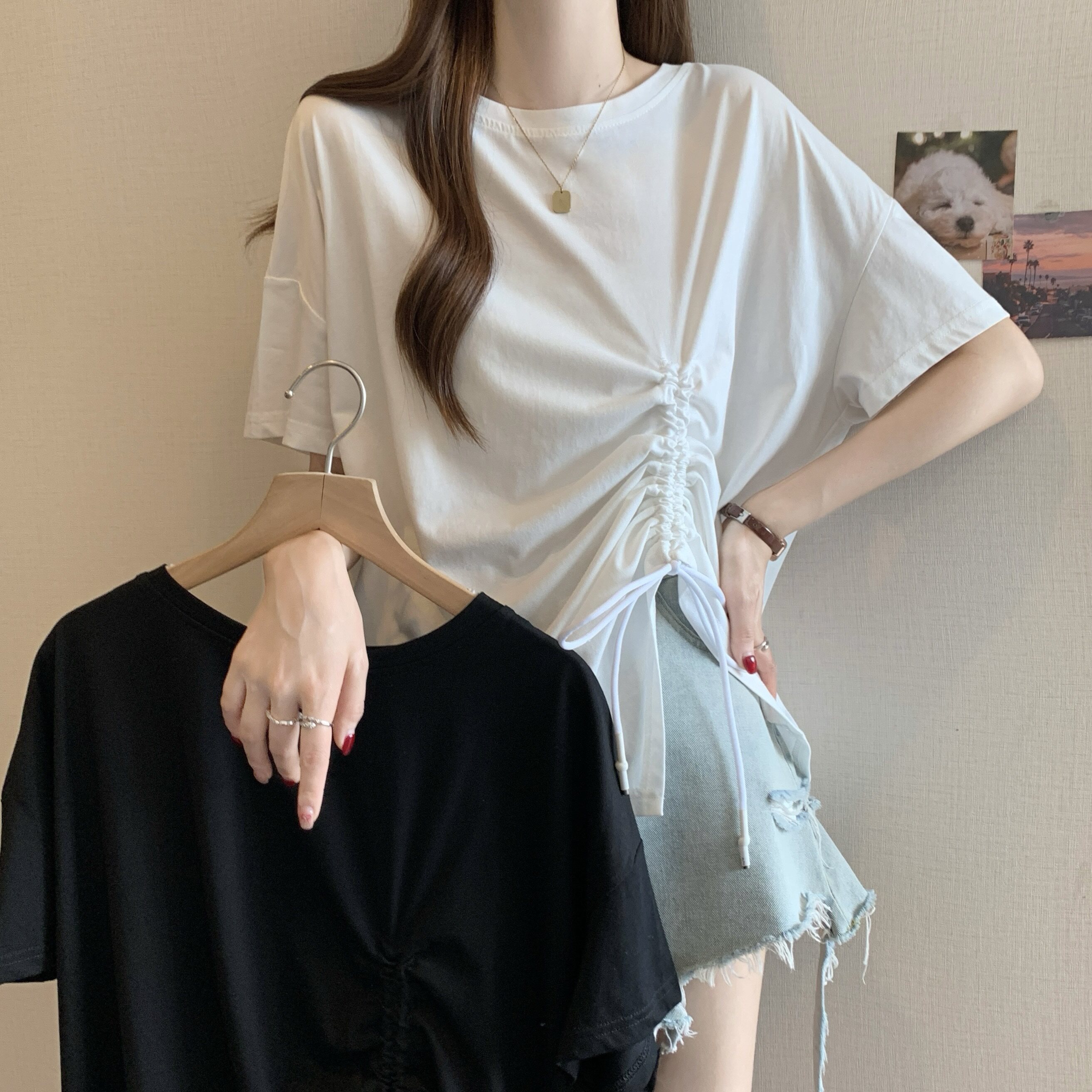 不对称抽绳冰丝棉上衣2026年夏开叉盐系不规则黑色短袖t恤女ins潮