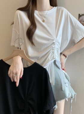 不对称抽绳冰丝棉上衣2026年夏开叉盐系不规则黑色短袖t恤女ins潮