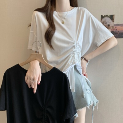 不对称抽绳冰丝棉上衣2026年夏开叉盐系不规则黑色短袖t恤女ins潮