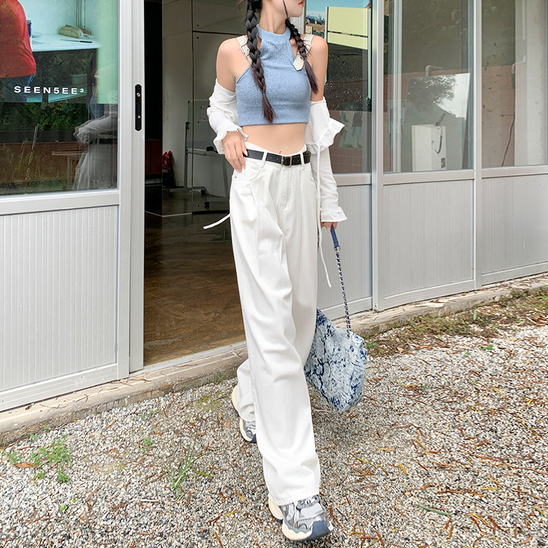 白色褶皱高腰阔腿显瘦牛仔裤女