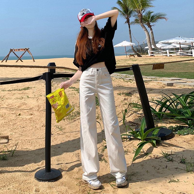 白色高腰显瘦直筒九分牛仔裤女