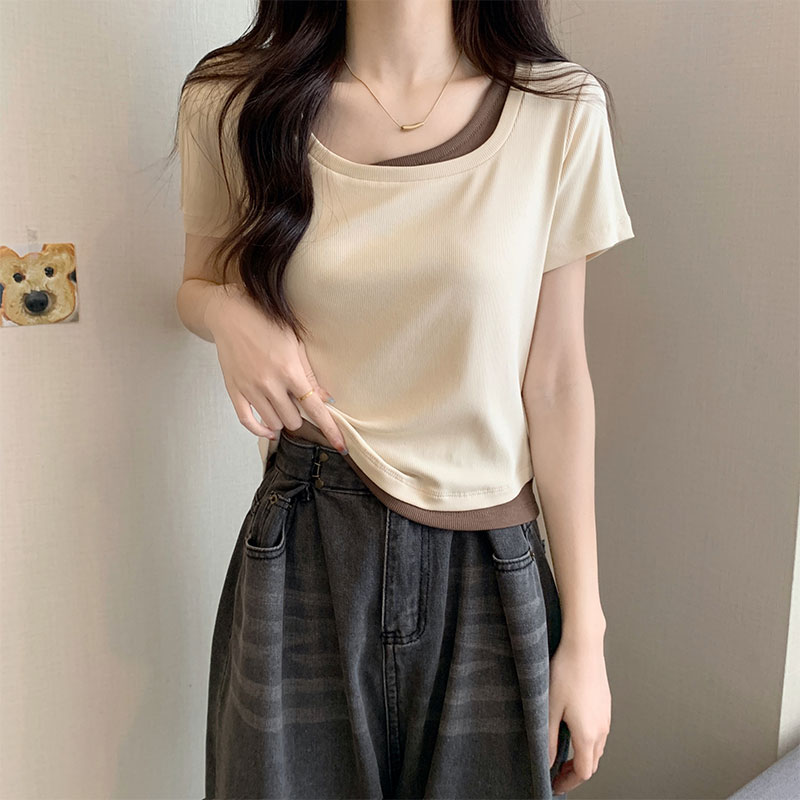 韩版撞色假两件方领显瘦T恤女