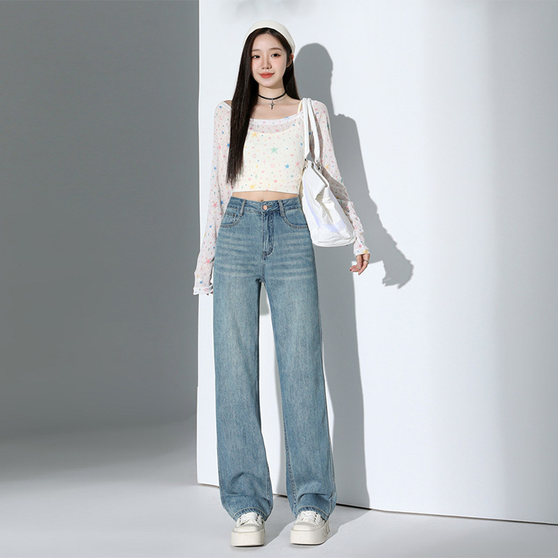 夏季浅蓝高腰显瘦阔腿牛仔裤女