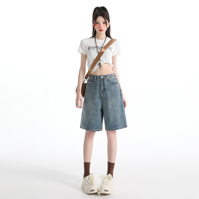 浅色高腰牛仔短裤女2026夏季新款小个子宽松显瘦A字直筒五分裤子
