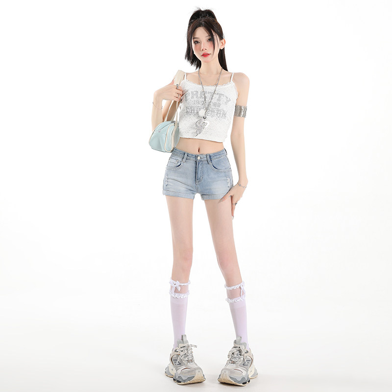 浅蓝美式低腰弹力牛仔短裤女2026新款夏季辣妹显瘦紧身包臀热裤子