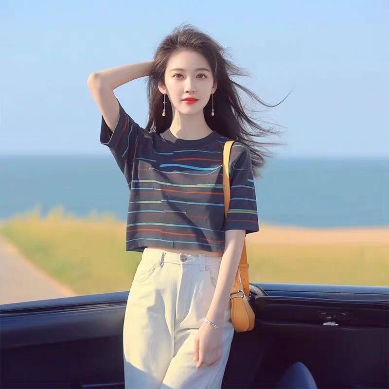 夏季韩系chic洋气独特别致漂亮上衣宽松百搭显瘦蓝色条纹T恤女款