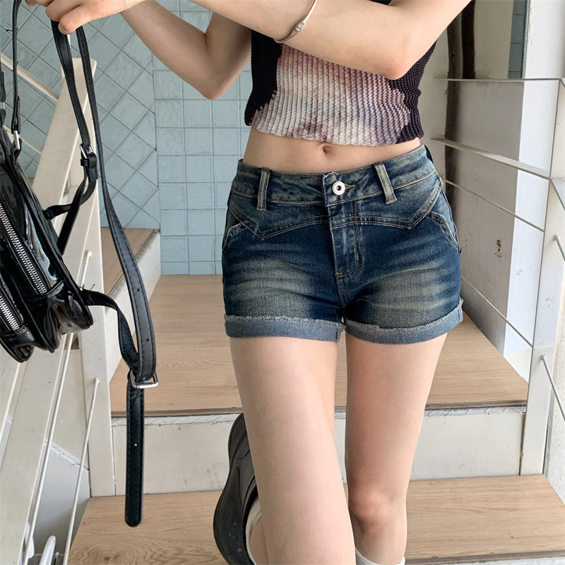 美式复古蓝低腰修身牛仔热裤女
