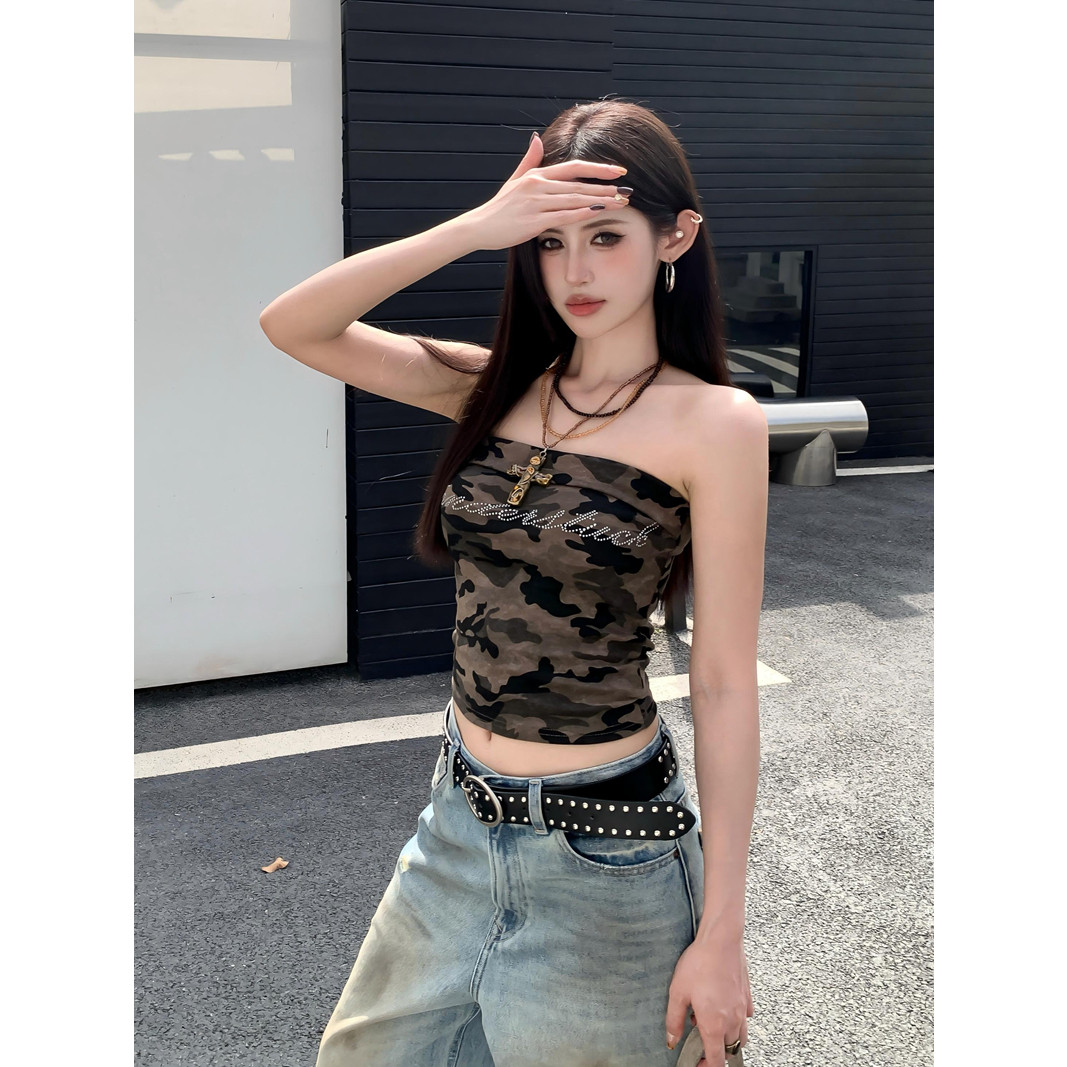美式复古迷彩烫钻显瘦抹胸背心