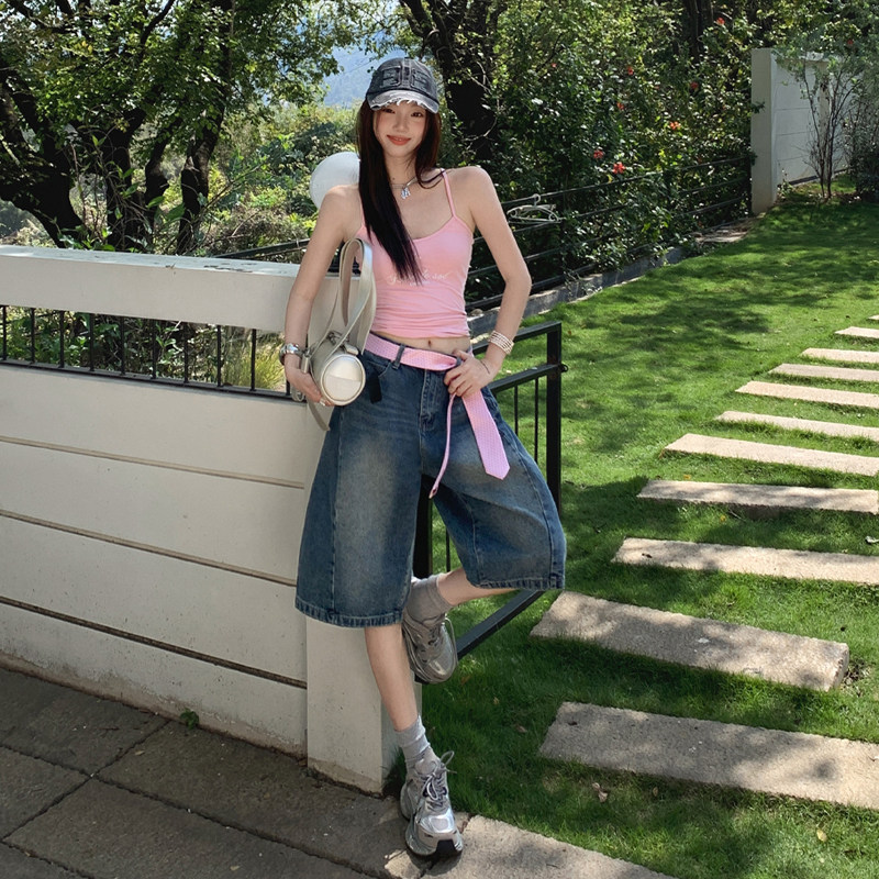 复古蓝色阔腿五分牛仔裤女2026新款夏季辣妹风宽松显瘦直筒短裤子
