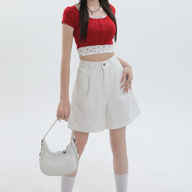 白色小个子直筒牛仔短裤女2026新款春季高腰显瘦设计感宽松五分裤