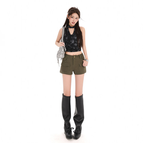 高腰军绿工装牛仔短裤女夏显瘦