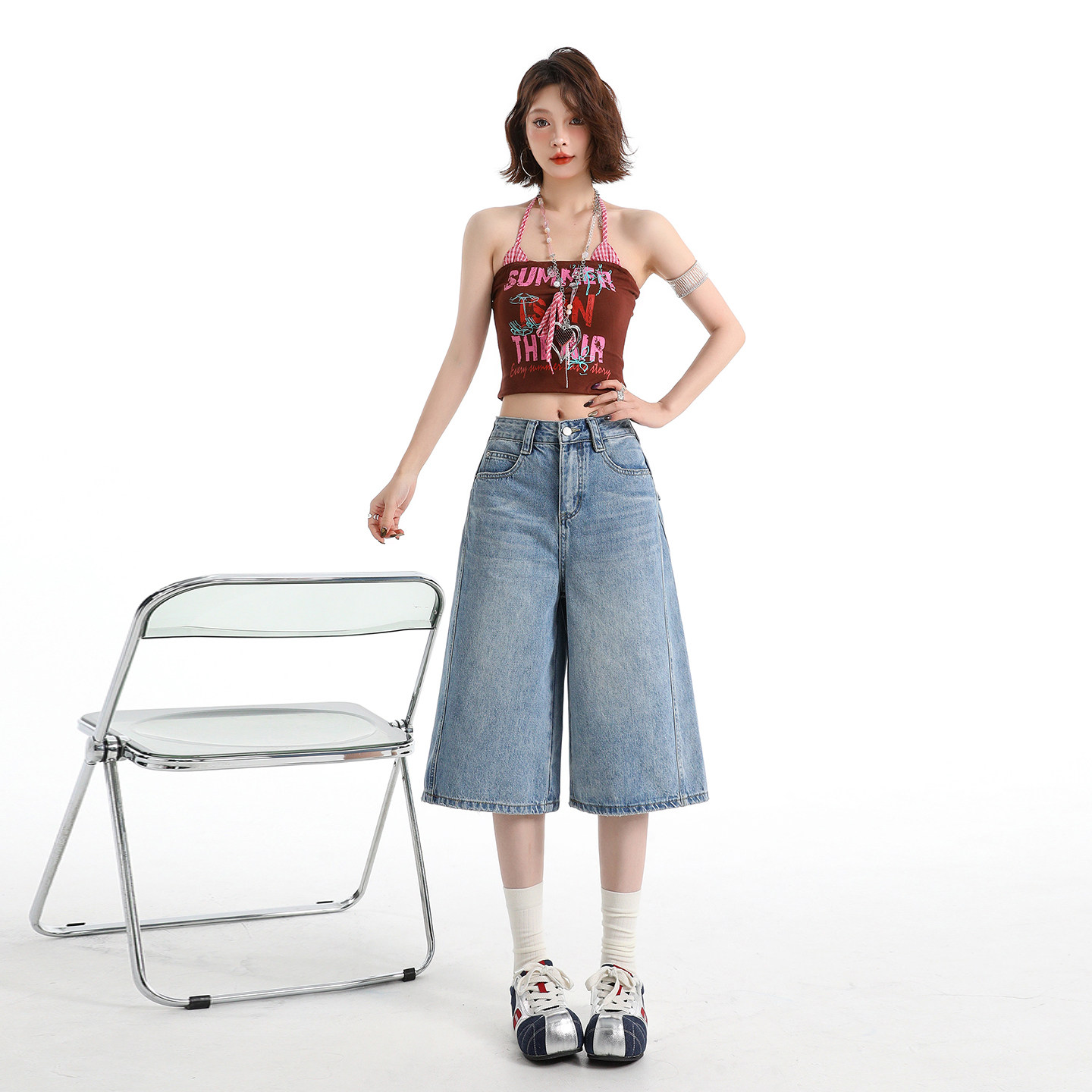 蓝色美式复古七分牛仔裤女2026新款夏季设计感高腰宽松阔腿中裤子