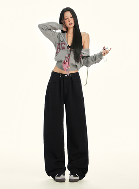 黑色阔腿牛仔裤女夏季新款2026年新款高腰显瘦破洞宽松直筒拖地裤