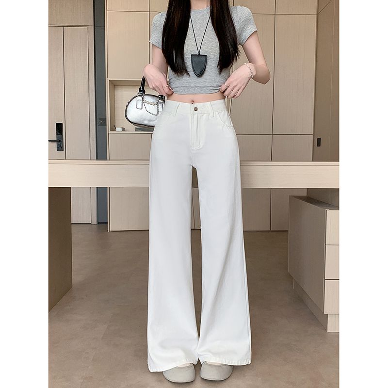 白色高腰显瘦加长微喇牛仔裤女
