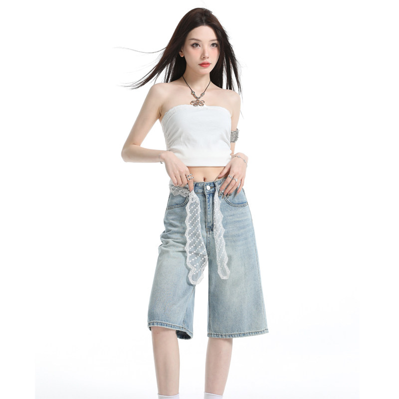 浅色蕾丝腰带牛仔短裤女2026夏季薄款高腰宽松显瘦设计阔腿五分裤