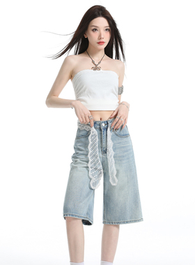 浅色蕾丝腰带牛仔短裤女2026夏季薄款高腰宽松显瘦设计阔腿五分裤