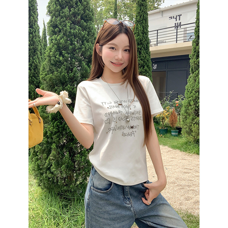 夏季韩版字母烫钻显瘦短袖T恤