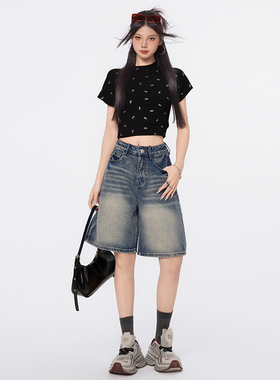 美式复古高腰牛仔裤女夏季2026新款小个子宽松显瘦阔腿直筒五分裤