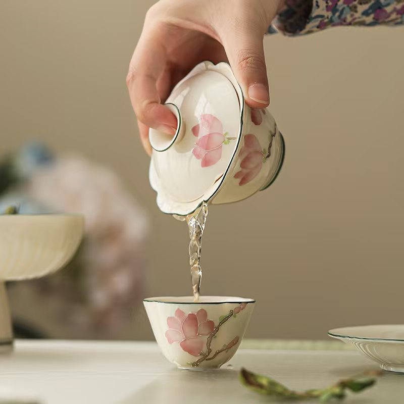 手绘玉兰花陶瓷主人杯提梁壶三才盖碗精致糖果盘杯托茶杯单个新款
