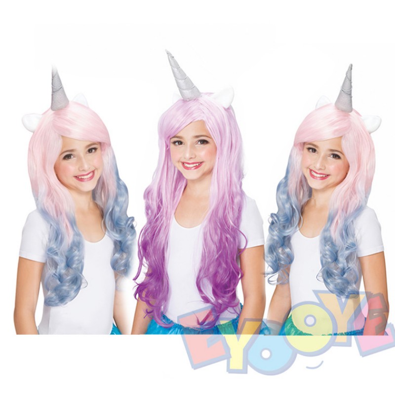 马卡龙长卷发粉紫粉蓝cos假发