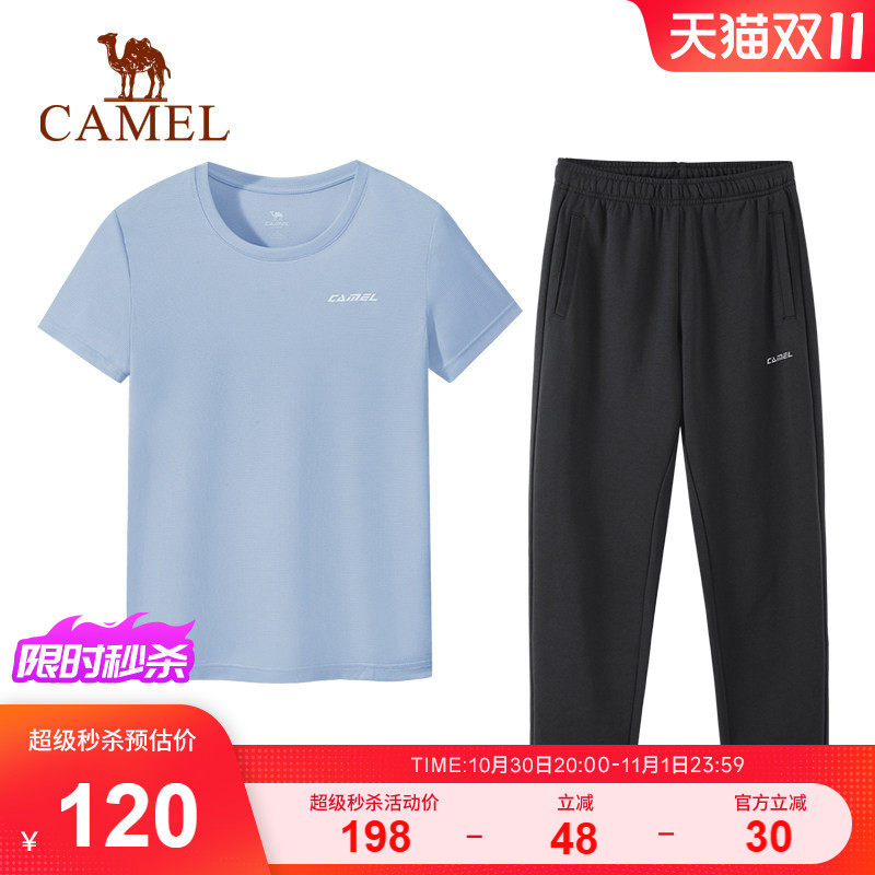 骆驼运动套装女2026春夏新款宽松透气吸汗短袖配薄款直筒休闲卫裤